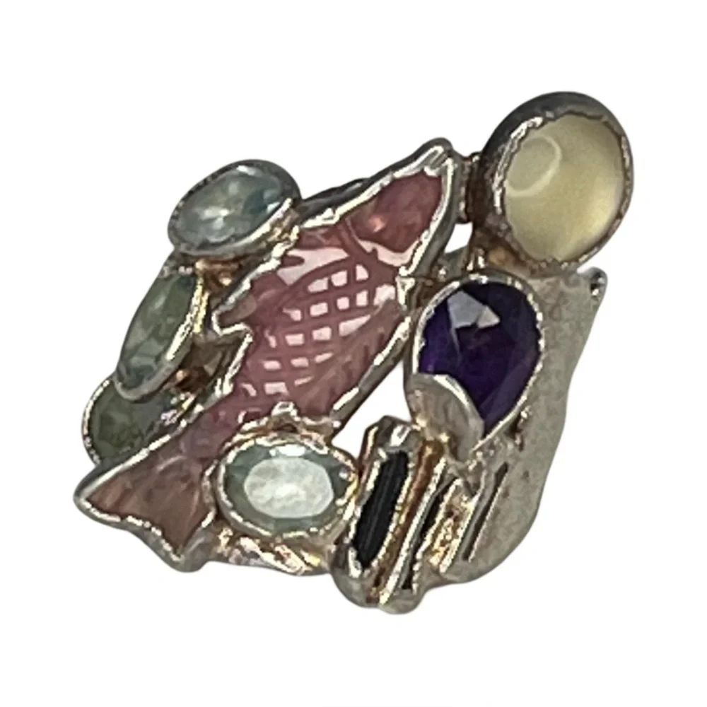 Silver Pink Tourmaline, Amethyst, Aquamarine and Moonstone Ring by C + T Size 5